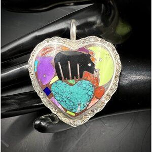 Vintage Artisan Signed Sterling Silver Multi Stone Inlay Heart Pendant